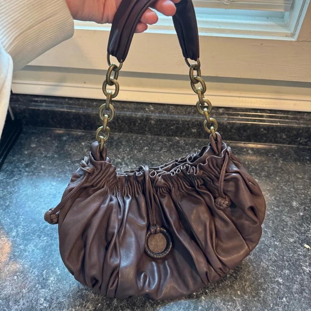 BCBGMAXAZRIA Super Soft Leather Brown Ruched Shoulder bag Boho Western Glam